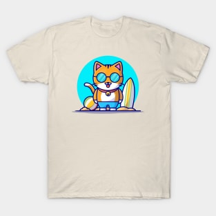 Cute Cat at Beach Cartoon Vector Icon Illustration T-Shirt